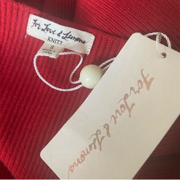 For Love and Lemons Knits NEW Puff Sleeve Oxford Red Ribbed Mini Sweater Dress S - Picture 8 of 9